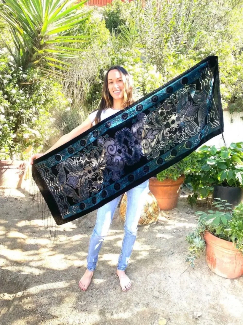 Beautiful Art Deco Velvet Scarf, Teal, Black, Semi Sheer, Burn out, Fringed